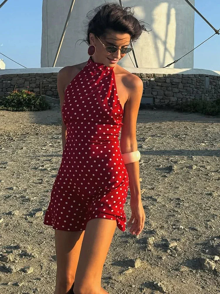 Chic Backless Polka Dot Halter Dress Women's Sleeveless Off Shoulder Lace Up Mini Vestidos 2026 Summer Lady Holiday Party Robe