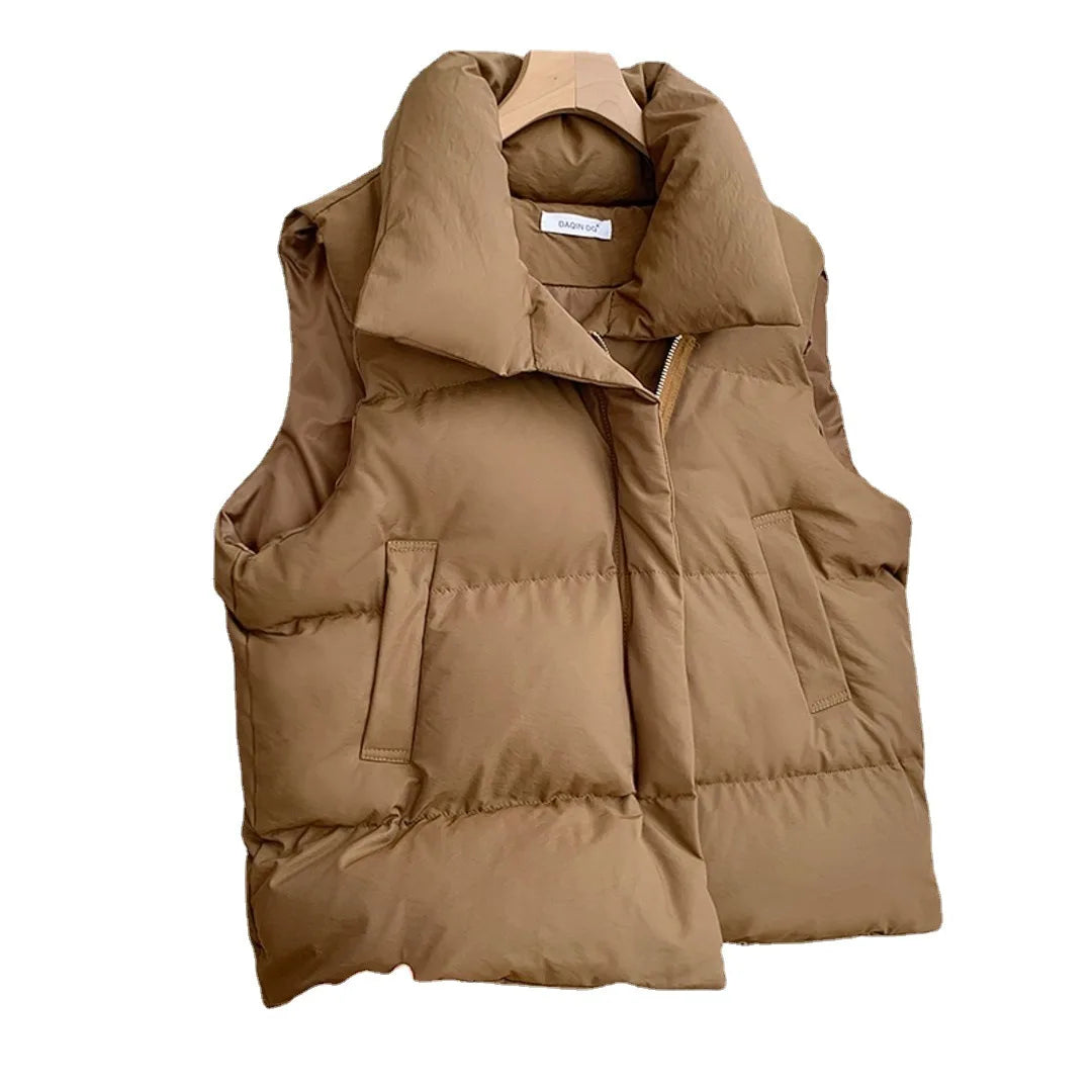 Women's Stand Collar Puffer Vest - Belted Sleeveless Winter Jacket - photo 5