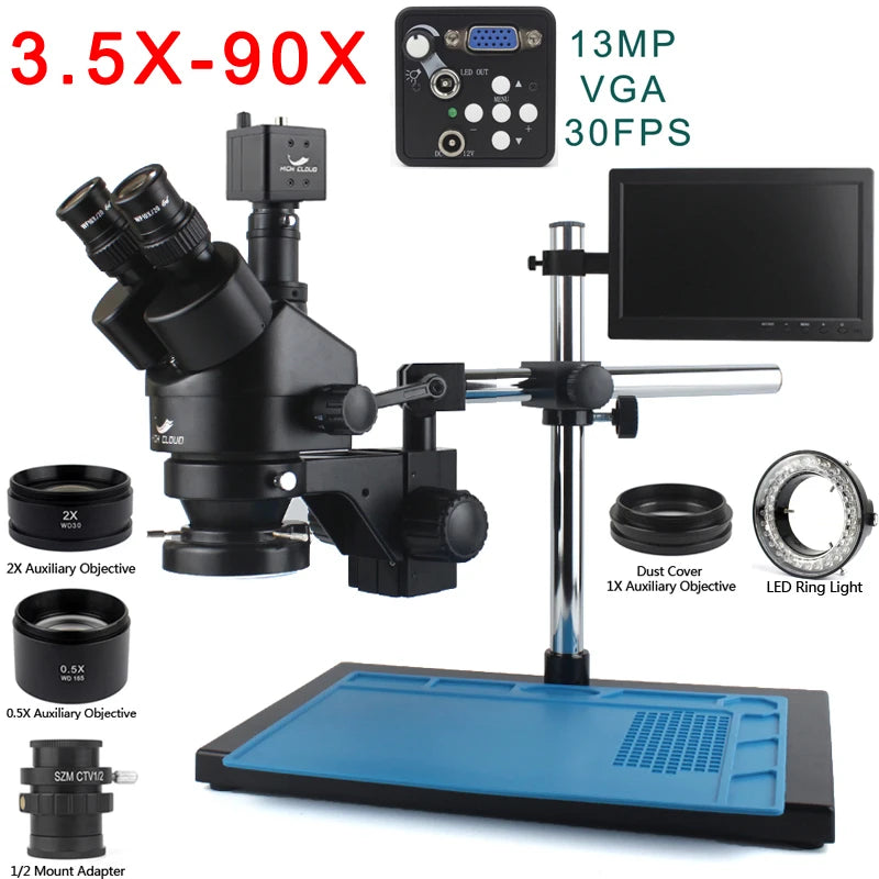Trinocular Stereo Microscope — 3.5X–90X, 48MP 4K HDMI Camera