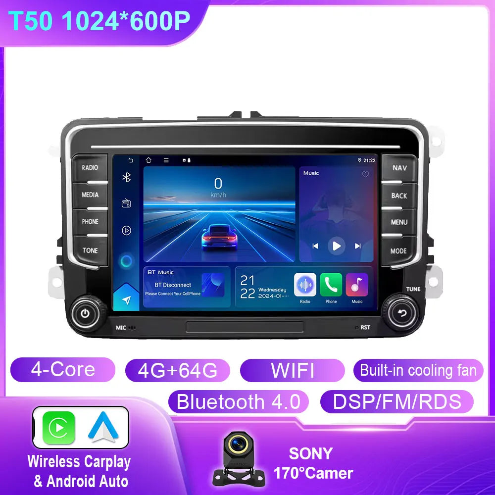 Car Stereo with Apple CarPlay & Android Auto, Compatible with VW Golf 5 6, Skoda Octavia, Passat B6, Polo & Jetta