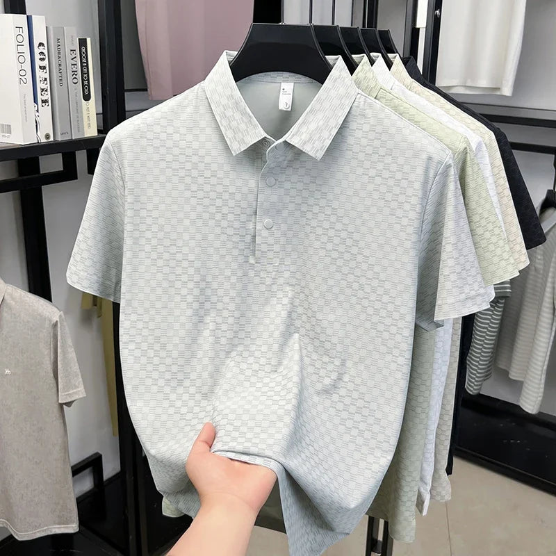 Men's Hollow-Grid Polo - Lapel Three-Button, Breathable Stretch
