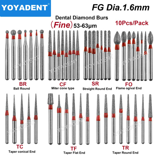 FG Fine Dental Burs Diamond Burs High Speed Turbines Drills Dental Lab Polishing Tools TR/TC/TF/FO/BR/SR/Type 1.6mm 10pcs/Pack