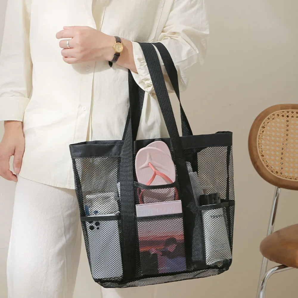 Hot Sale Large Capacity Mesh Wash Bag Large Capacity Shopping Bag Totes Shoulder Bag Foldable Portable Beach Handbags