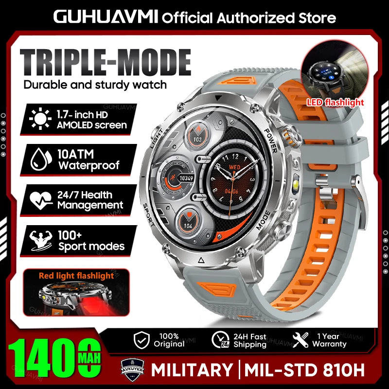 Rugged Outdoor Smart Watch — 1400mAh, 10ATM, Torch & BT Call