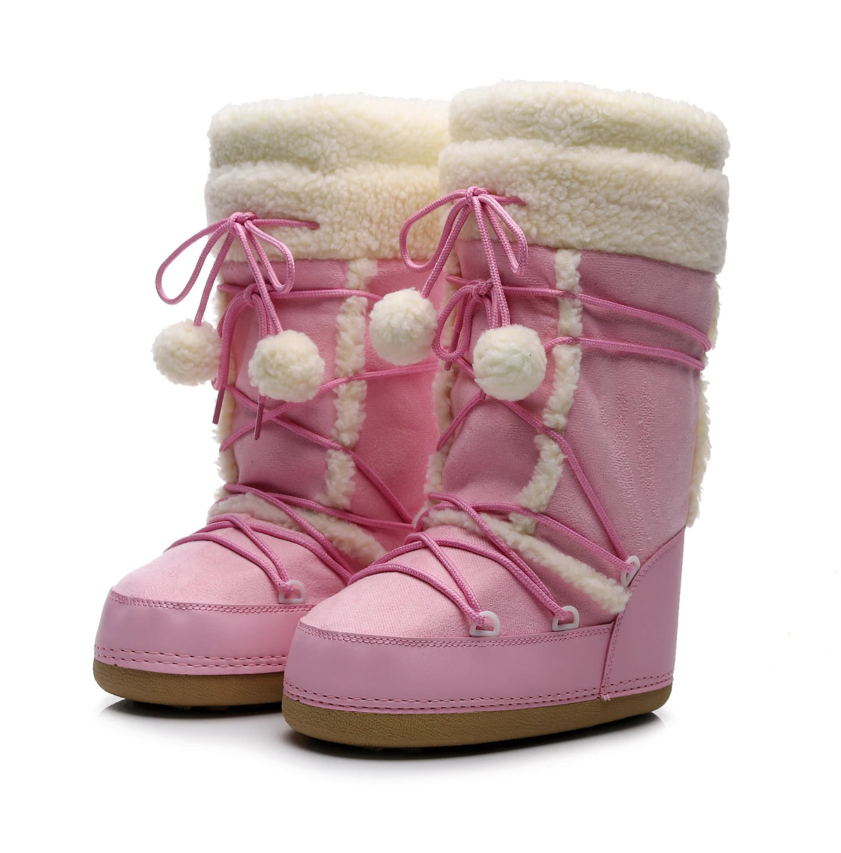 Women's Pink Plush Lace-Up Snow Boots, Platform