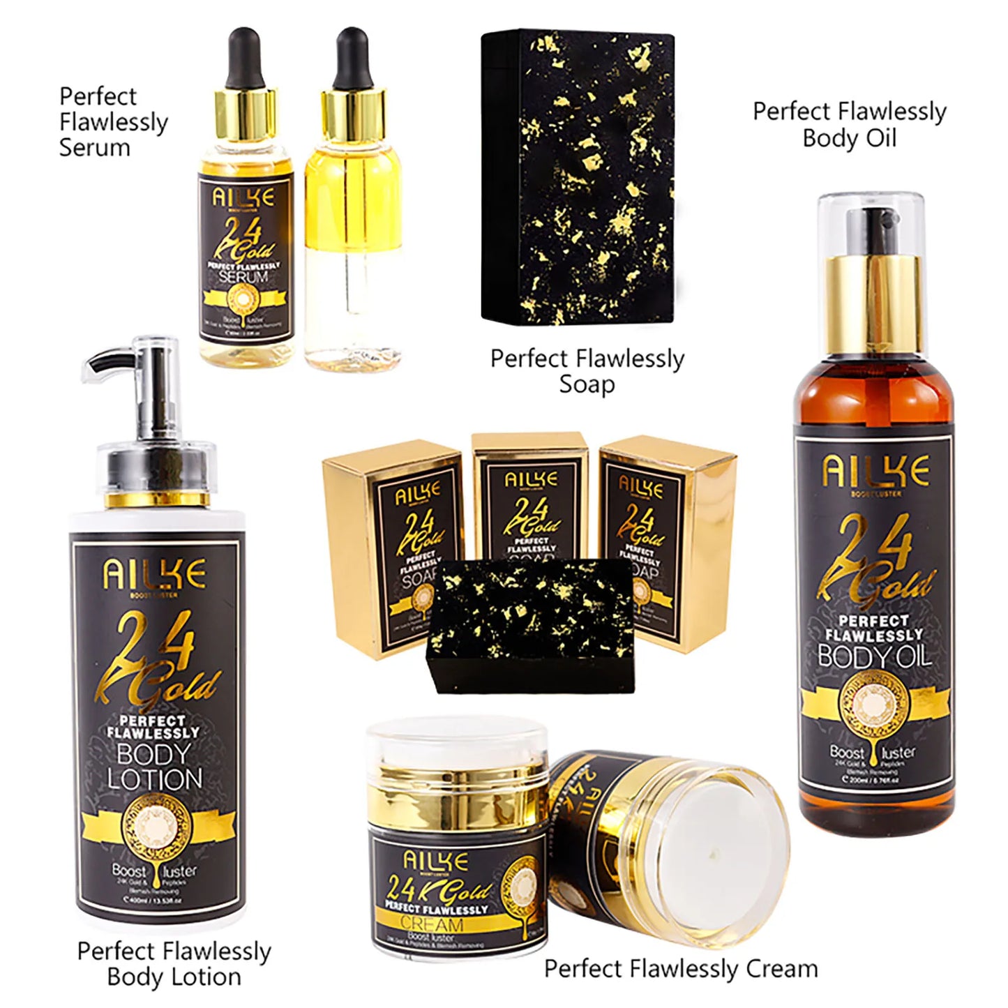 AILKE 24K Glod Flawlessly Skin Care Set, Whitening, Reduce Dark Spots, Pigmentation, Wrinkles, Moisturize, For All Skin Types