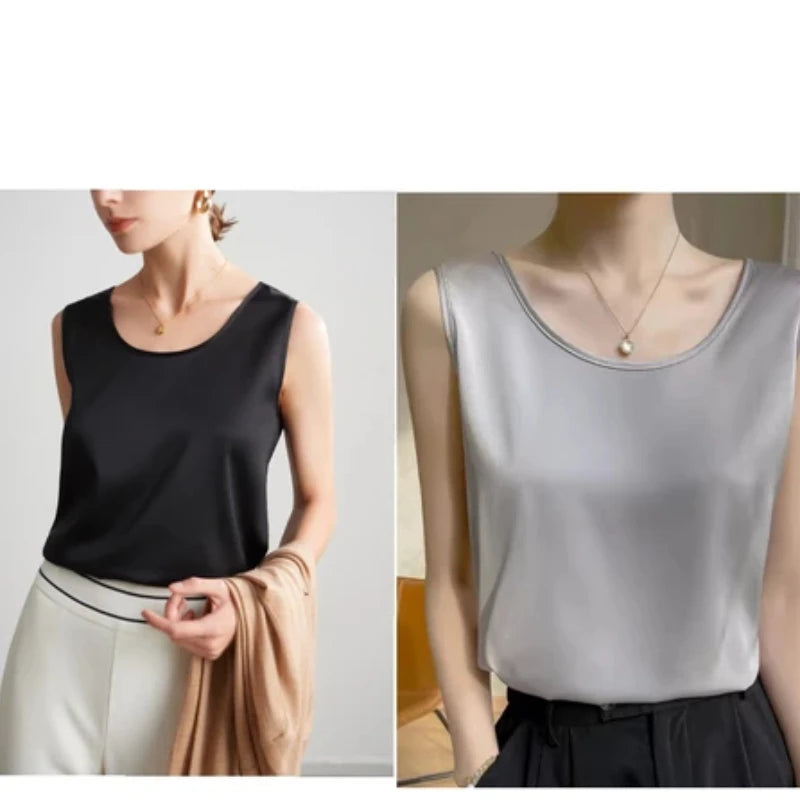 Summer Satin Mulberry Silk Tank Top Casual Versatile Champagne Tops Woman 2026 New Fashion Elegant Vest Loose Sleeveless T-shirt