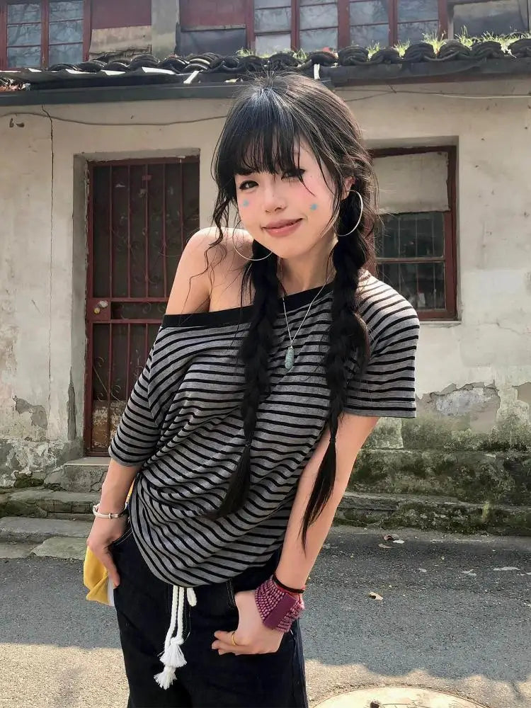 Tonngirls Y2K Striped Off-Shoulder Tee - Women's Grunge Streetwear Top