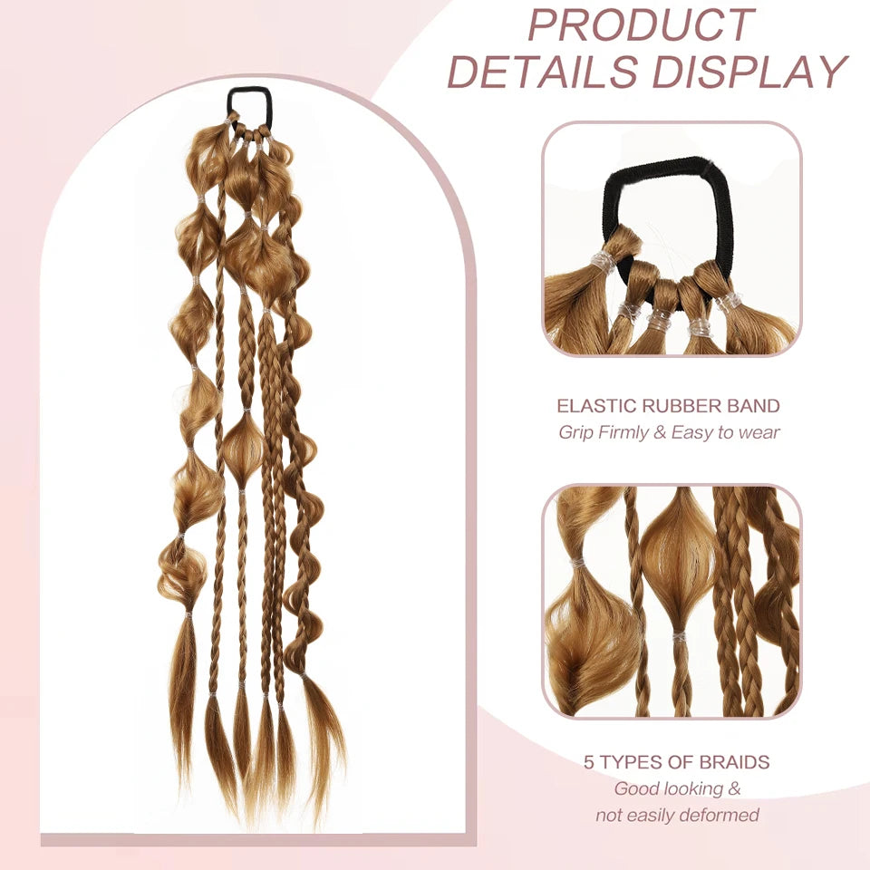 24Inch Synthetic Long Braided Bubble Ponytail Wig Extensions Lightweight With Elastic Band Wig Accessories For Women Party Use