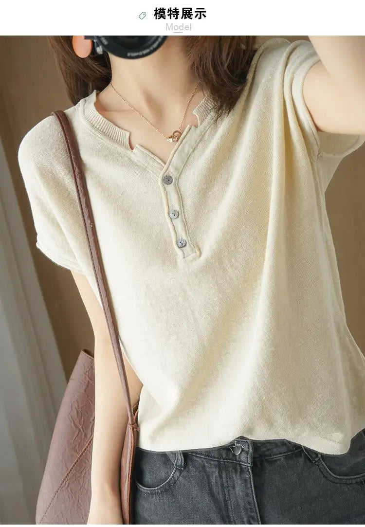 Summer 100% pure cotton women's T-shirt V-neck knitted short sleeved loose Tees solid color pullover button Tops basic versatile