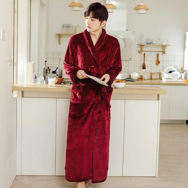Couples Flannel Robe, Long Warm Fleece Bathrobe for Men and Women