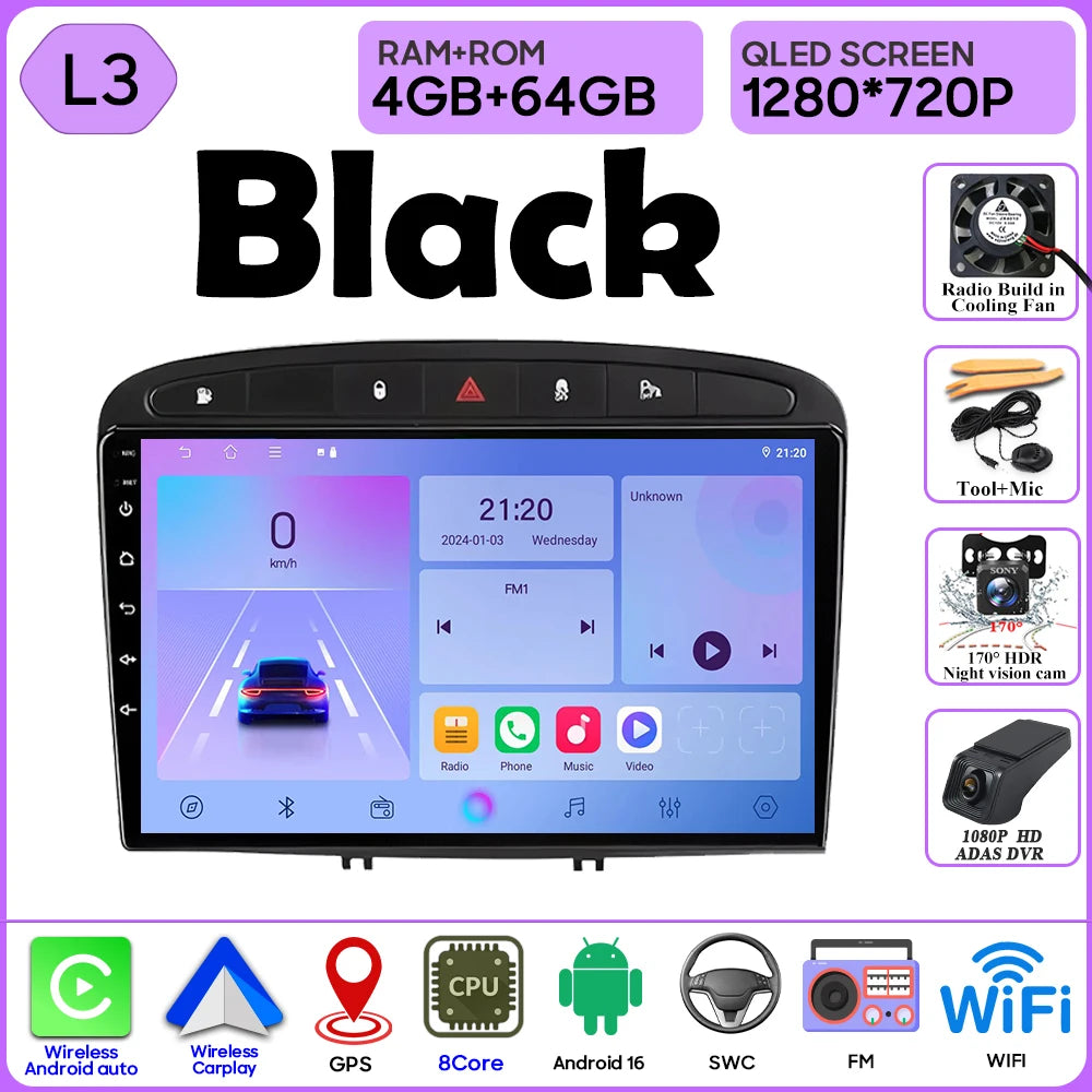 Android 16 Car Radio Player For Peugeot 408 1 2012 - 2020 For Peugeot 308 1 T7 2007 - 2015 Wireless Android Auto Touch Screen 4G