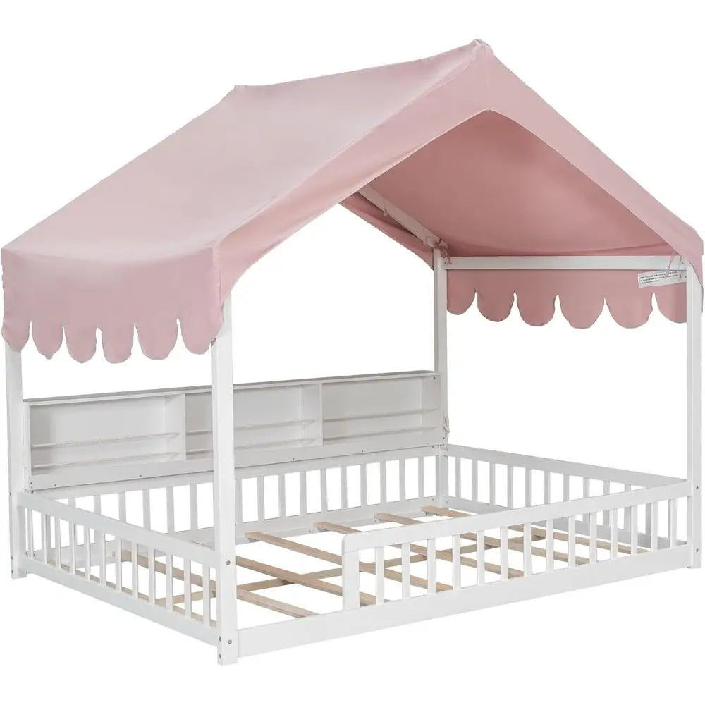 Full Size Wooden Loft Bed for Kids with Stairs, Storage Shelves, Curtain, and LED Lights, White & Pink