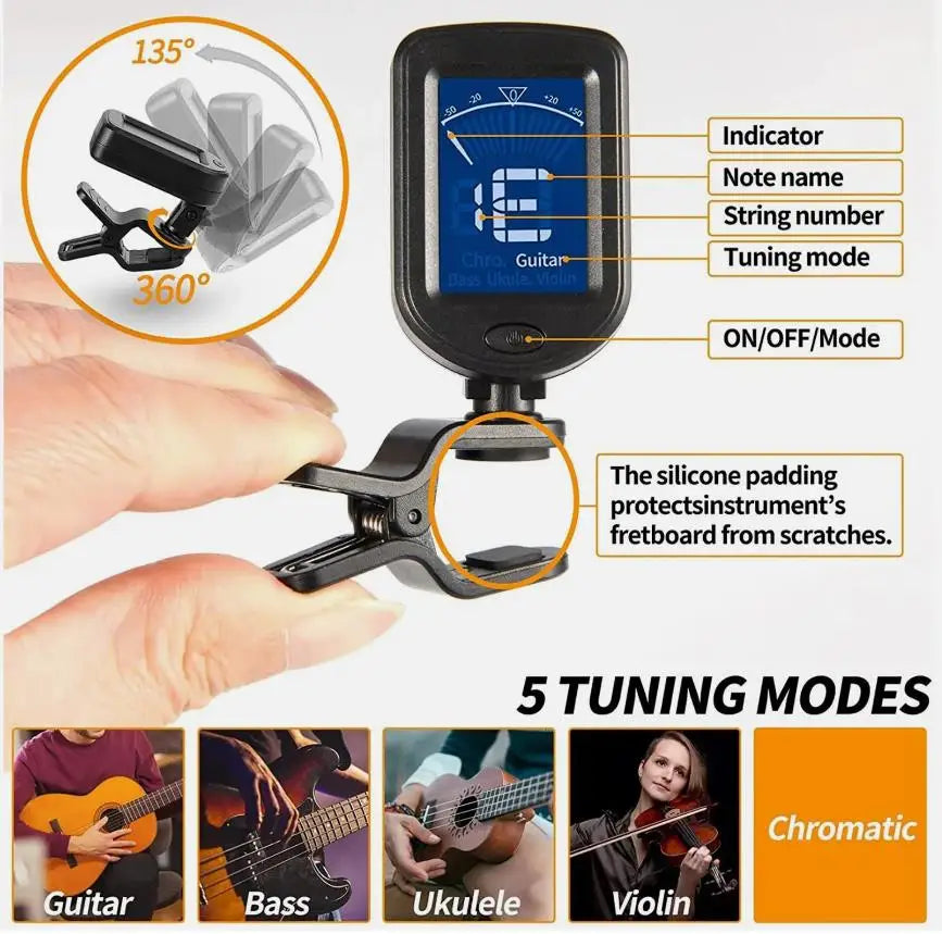 2026 New Guitar Tuner AT-01A/101 Foldable Rotatable Clip-on Tuner High Sensitivity for Bass Ukulele Chromatic Guitar Accessories