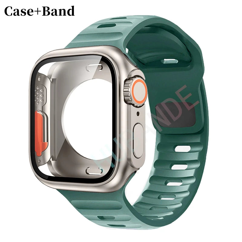 Silicone strap For Apple Watch 44mm 45mm 41mm 40mm Bracelet+Screen protectores Change to Ultra For iWatch Series 9 8 7 SE 6 5 3