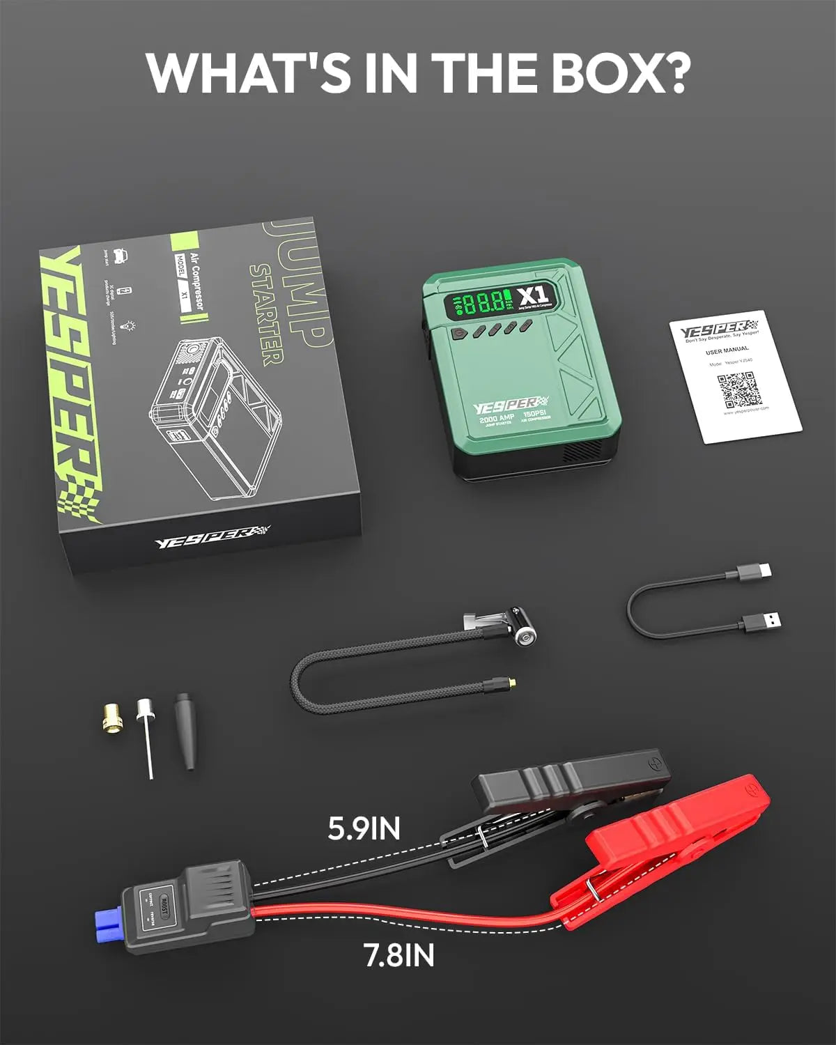 YESPER 2000A Jump Starter with 150PSI Air Compressor, Portable Car Battery Booster & Tire Inflator, Emergency LED Screen