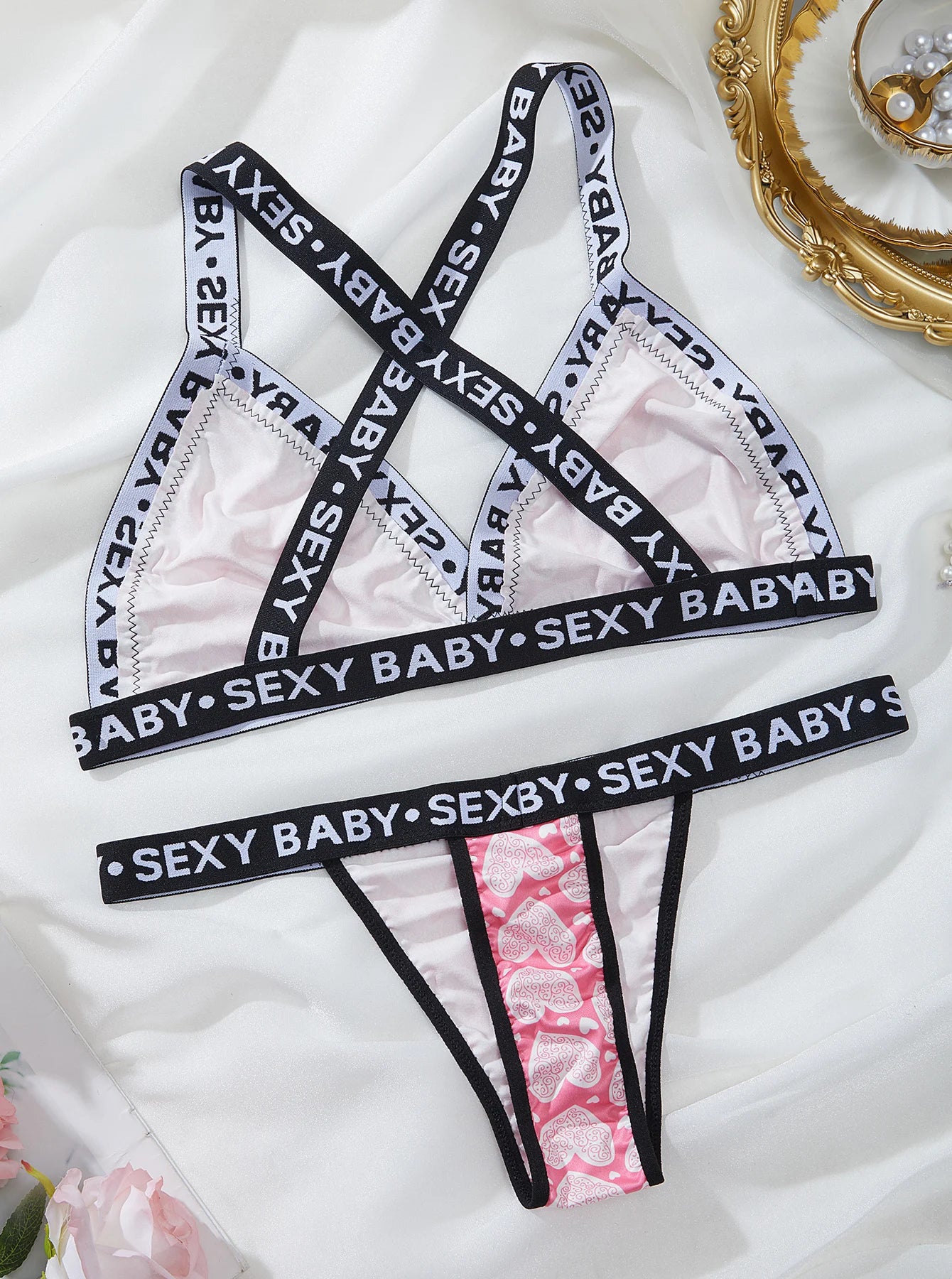 Valentine's Day Plus Size Heart Love Pattern Letter Tape Bra & Thong Sexy Lingerie Set