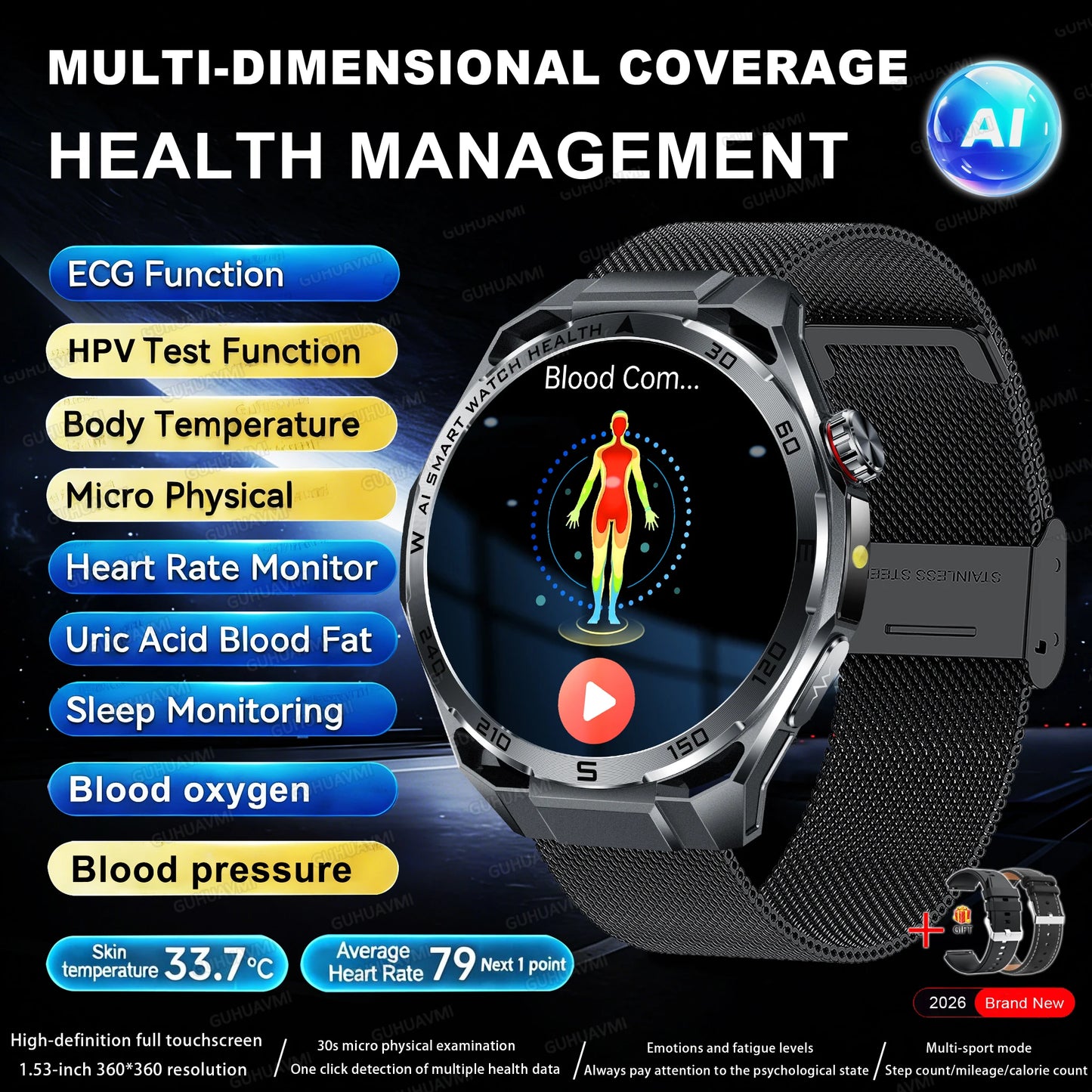 2026 New Body Fat AI Analysis Health Smart Watch ECG+PPG Uric Acid BP Blood Oxygen Call AMOLED Screen Smart Watch For Men Women