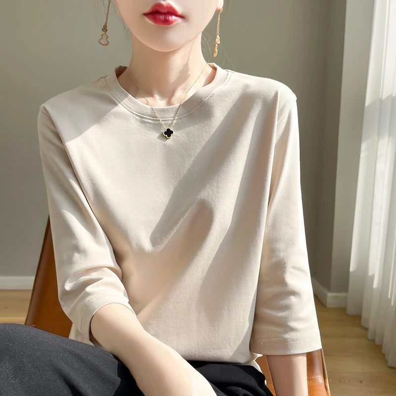 Women's Mercerized Cotton T-Shirt — Loose Round-Neck Half-Sleeve Top