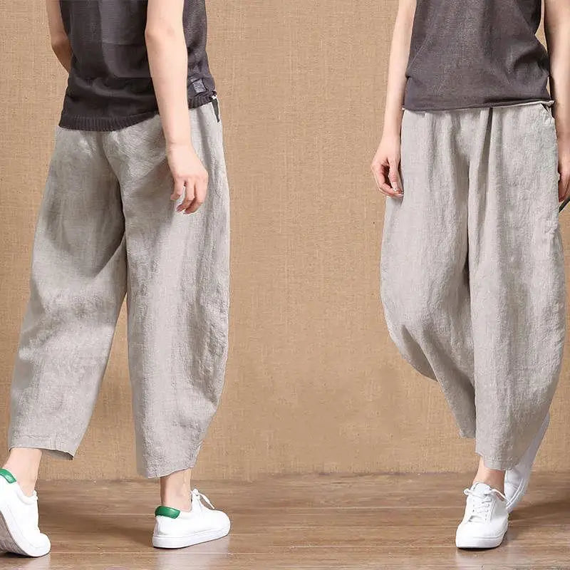 Loose Wide Leg Cotton Linen Pants High Waist Nine Points Women's plus Size Summer New Sle Casual Trousers Versatile Loose Fit