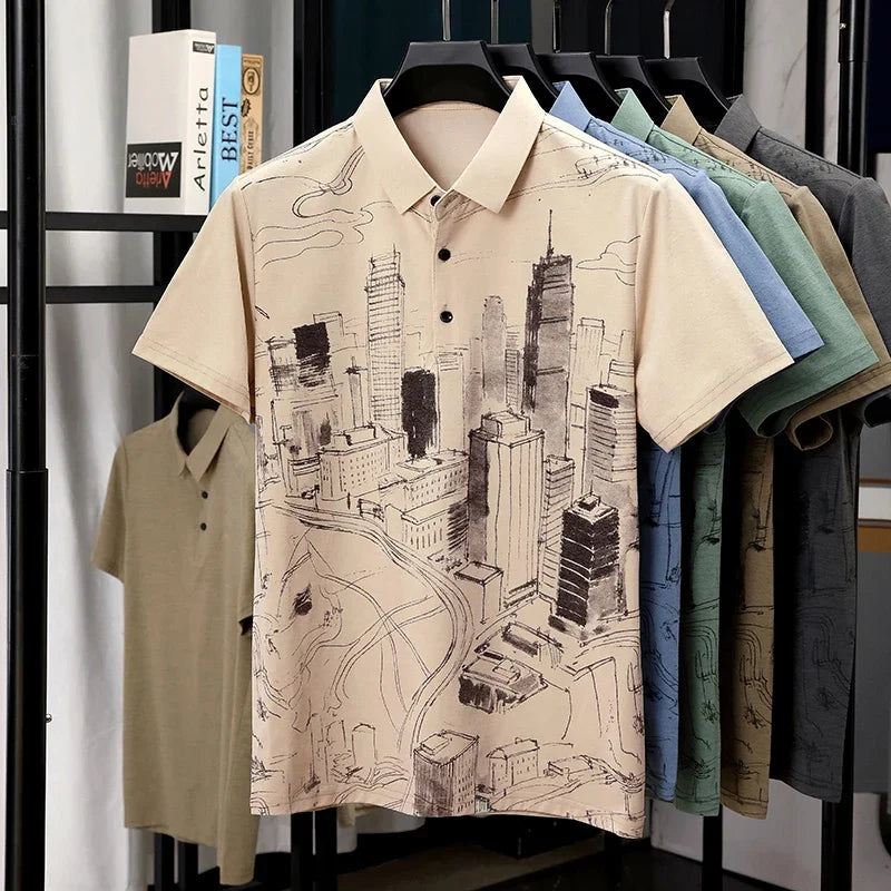 Men's Line-Drawing Polo - Soft Elastic Knit, Two-Button Lapel