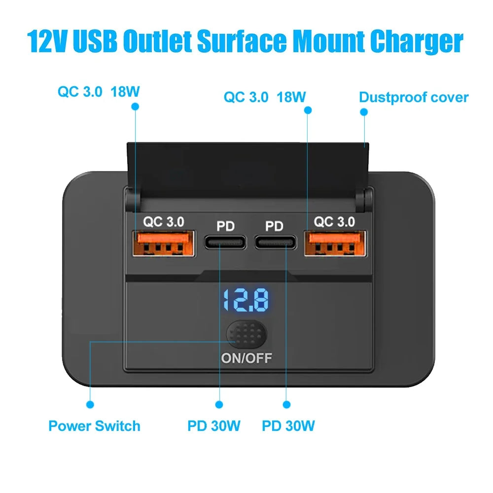 Car Charger Socket Adapter with Switch 2/4 Ports 12V 24V PD QC3.0 Charging Splitter Outlet for Bus RV ATV Truck Boat