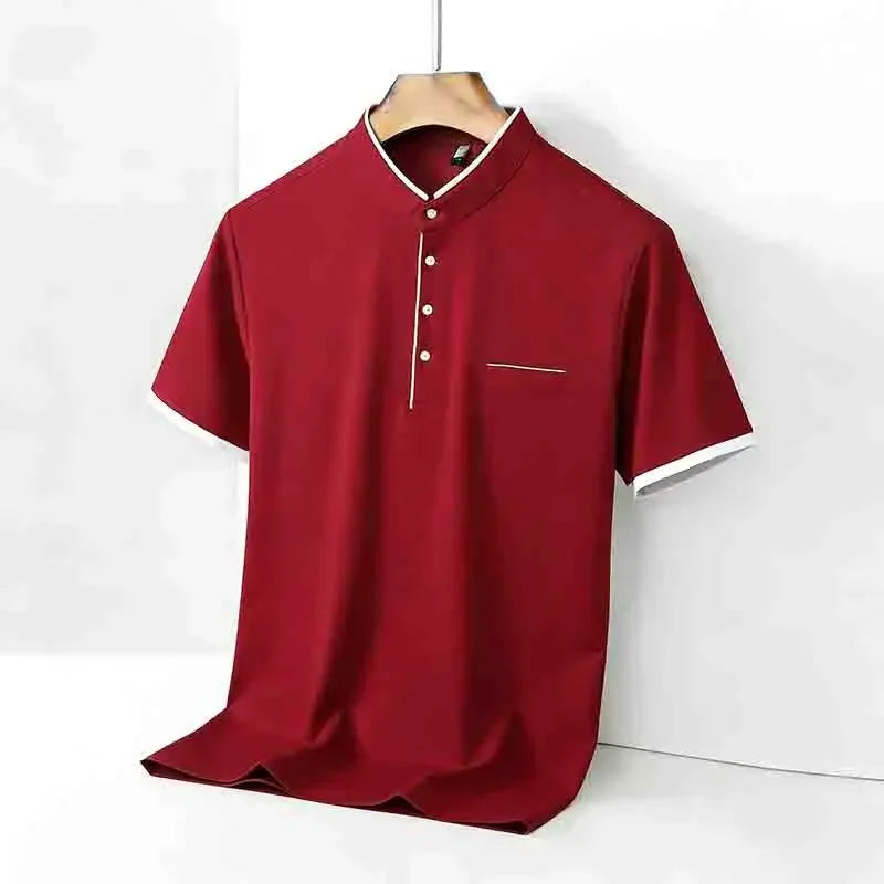Men's Mandarin Collar Polo - Short Sleeve Pocket, All-Season Pullover