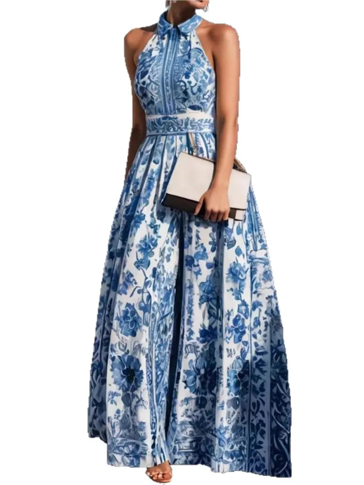 Elegant Women's Retro Flower Print Summer Evening Dress