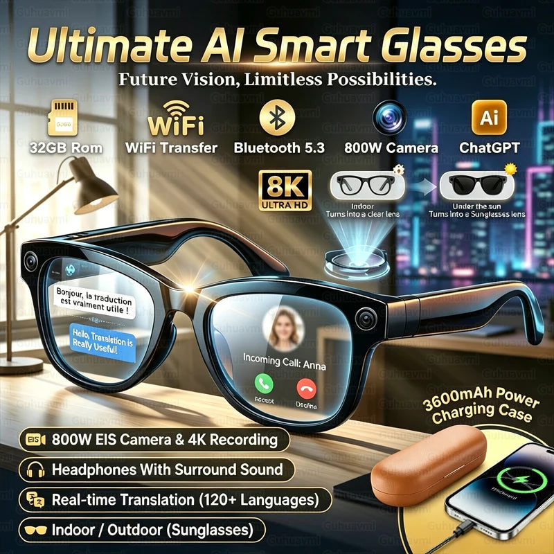 AI Smart Glasses — 4K Camera, Translation & Charging Case