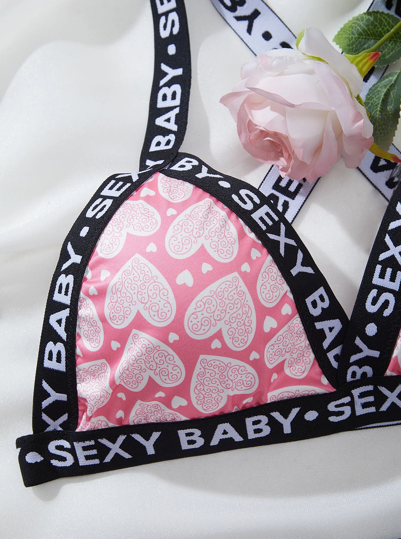 Valentine's Day Plus Size Heart Love Pattern Letter Tape Bra & Thong Sexy Lingerie Set