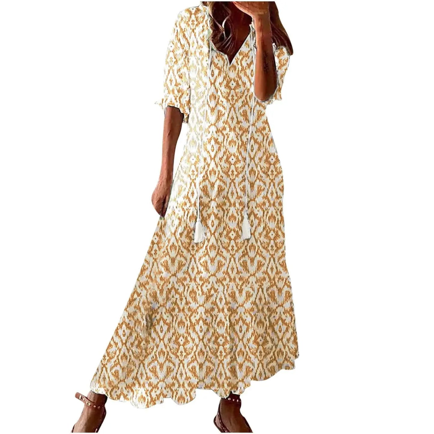 Women's Boho Maxi Dress – Casual V-Neck Drawstring Long-Sleeve Printed Bohemian Dress