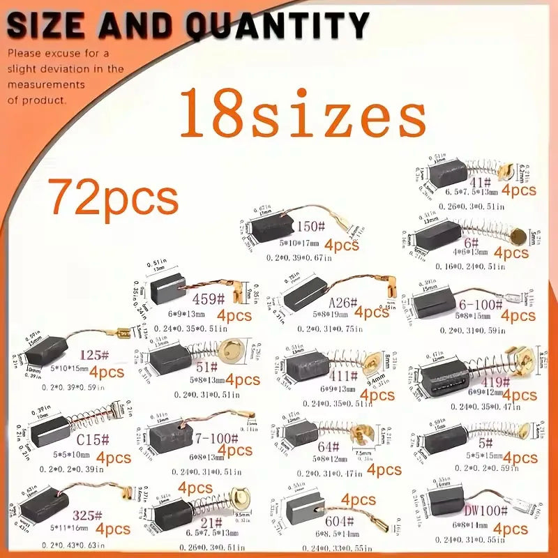 72Pcs, 18 Models, 4 Pieces of Each Model, Suitable for Various Types of Electric Tools Such as Electric Hammers, Angle Grinders, Circular Saws, Etc., Replacement Parts for Repair and Carbon Brush Replacement
