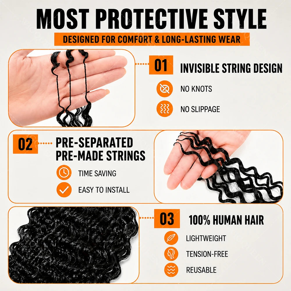 15A Small Spirals Curly Miracle Knots Feather Crochet Human Hair For Boho Braiding Invisible Knot PreSeparated Knotless Kinky Curly Crochet Human Hair Extensions Reusable Pre looped Natural Black Crochet Bundles With String B