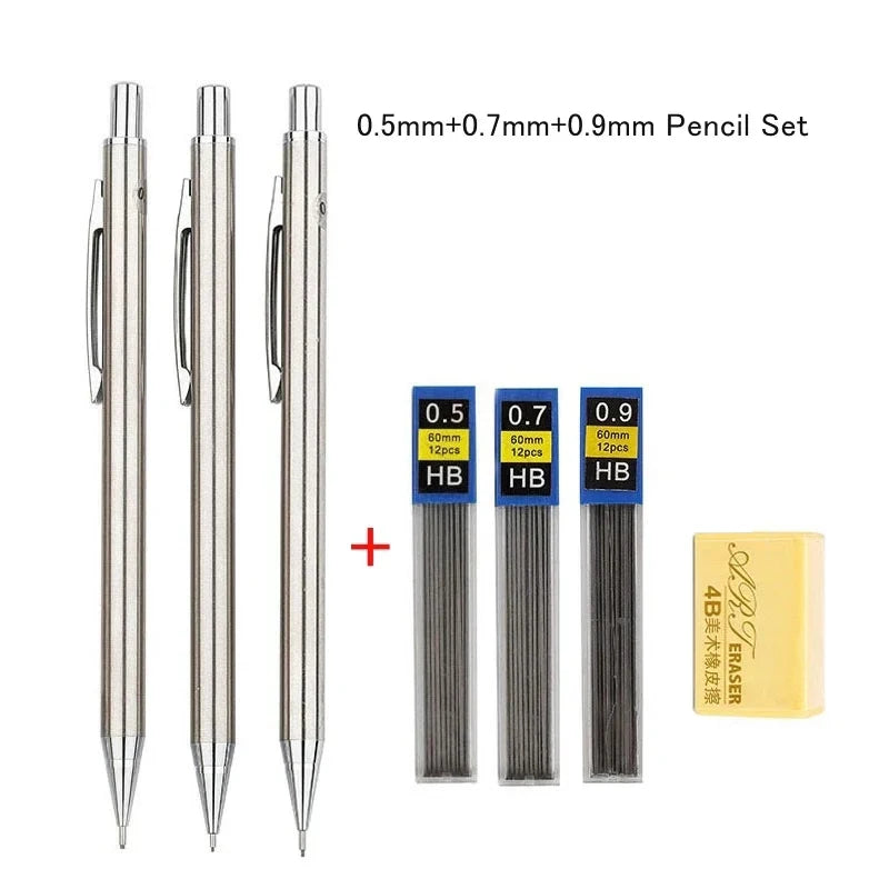 Full Metal Mechanical Pencil Set 0.3 0.5 0.7 0.9 1.3 2.0mm HB Automatic Pencil With Leads,for Art Drawing Writing Sketchin