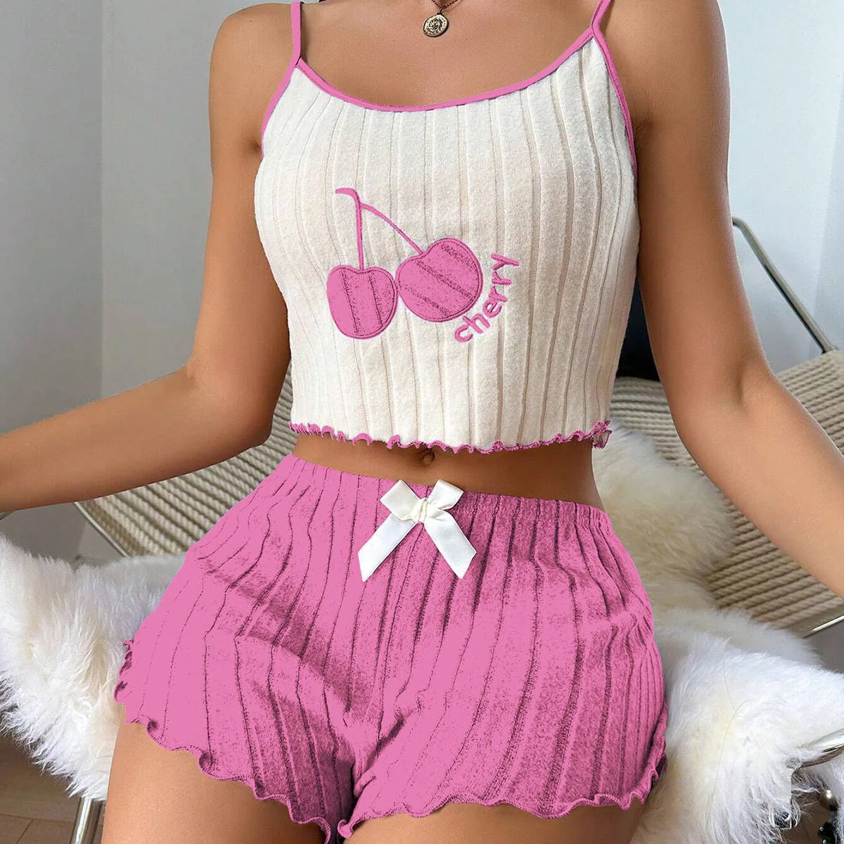 Summer 2pcs Pajamas Set for Women Casual Simple Ground Wool Halter Vest Shorts Set Home Wear Sleepwear Loungerwear
