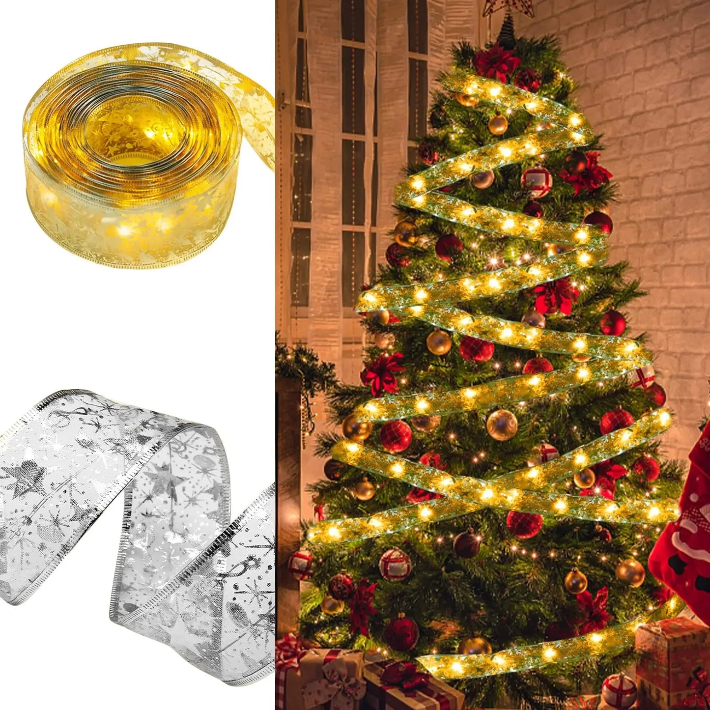 1/2/5/10M Christmas Tree Ribbon Fairy Lights, Indoor DIY Bows String Light Battery Powered for Christmas Tree New Year Decor