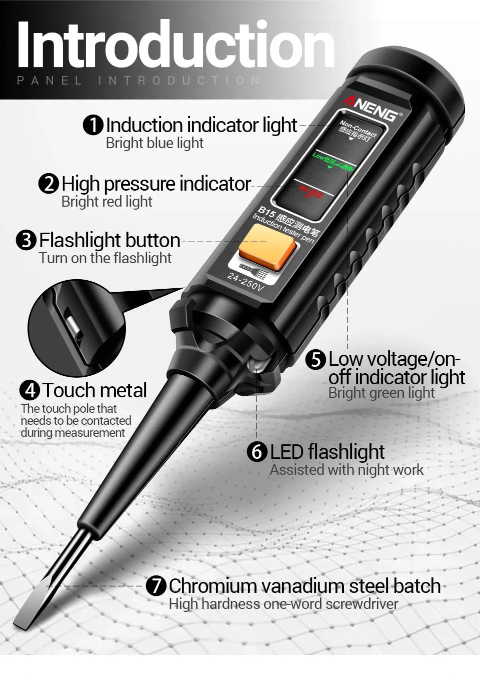 ANENG B15 Multifunction Voltage Tester Pen Detector Induction AC 24V-250V Voltmeter NCV Wire Line breakpoint electrician Tools