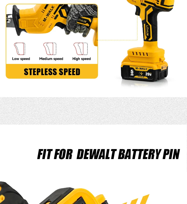 M-WALK 3000RPM Cordless Electric Reciprocating Saw Chainsaw Saber Saw Wood Metal Cutting Power Tool For Dewalt 20V Battery Pin
