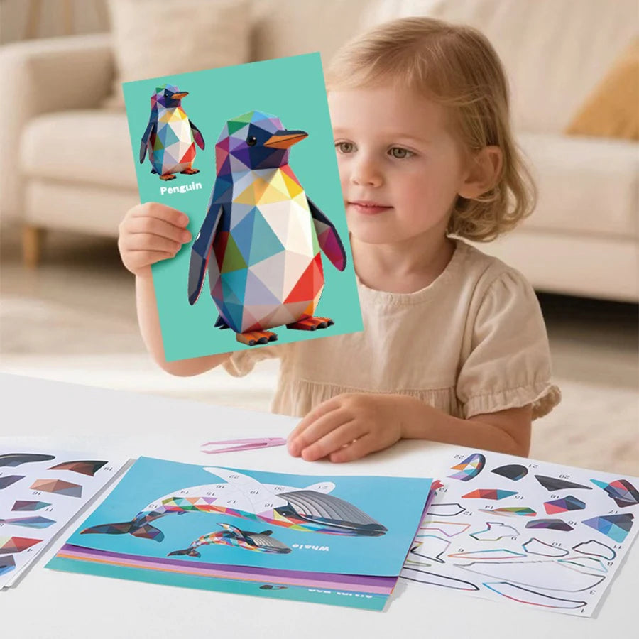 3D Puzzle Stickers DIY Craft Kits Animal Collage 5 Themes Back-to-School Gift Creative Educational 9-PCS Kit with Clips