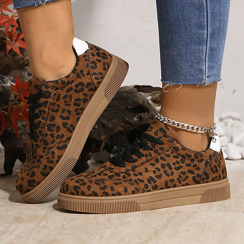 Leopard-Print Platform Sneakers for Women — Lace-Up Non-Slip Sport Shoes, Plus Size