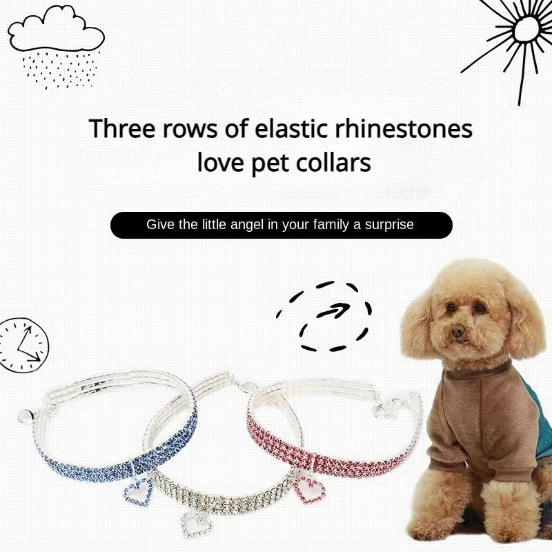Cat Dog Collar Three Row Elastic Rhinestone Pet Collars Love Decoration Necklace Puppy Small Pet Cat Collar