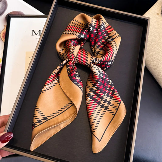 Women's Plaid Print Square Scarf - Silky Neckerchief & Hairband