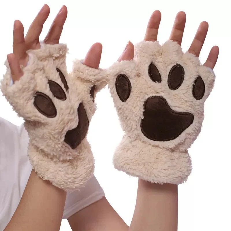 Women's Cat Paw Plush Mittens, Fingerless