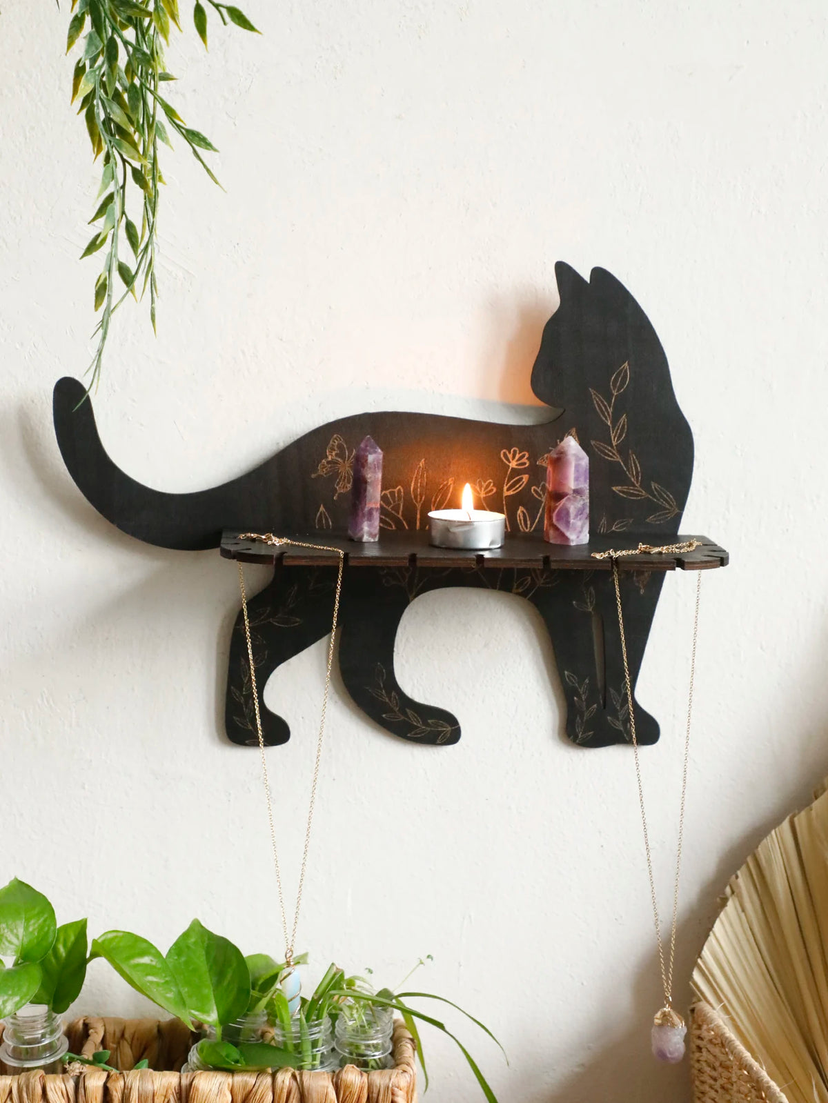 Black Cat Floating Wall Shelf - Flower Pattern Display