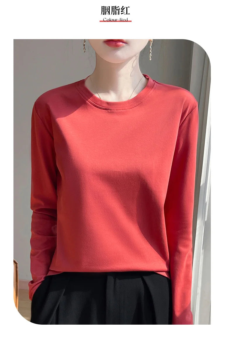 Spring And Summer New Mercerized Cotton Long Sleeve T-shirt Women's Round Neck Loose 100% Cotton Bottoming T-shirt