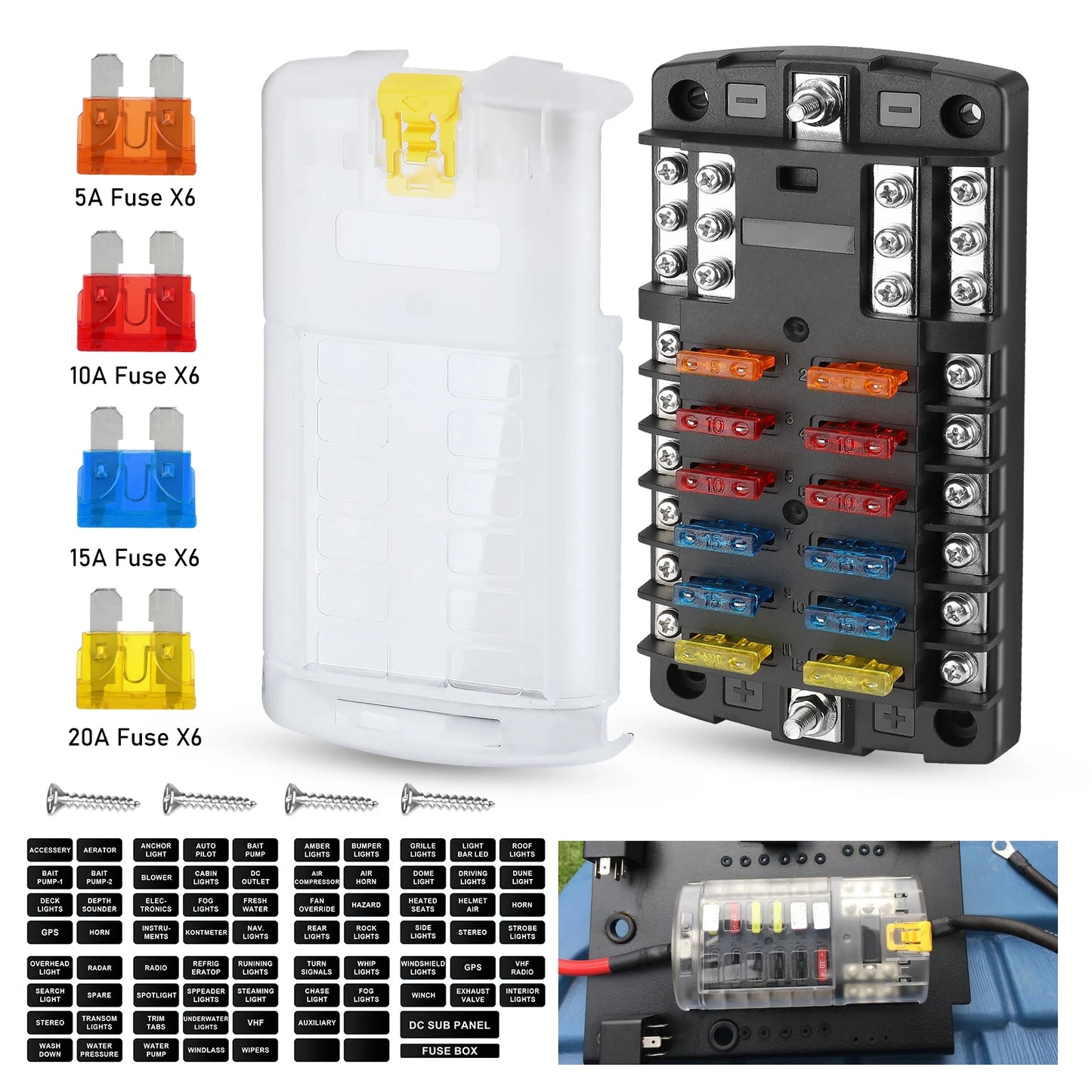 6/12 Way Car Boat Blade Fuse Box Block Holder LED Indicator 12V 32V Auto Marine Waterproof Power Distribution Panel Board