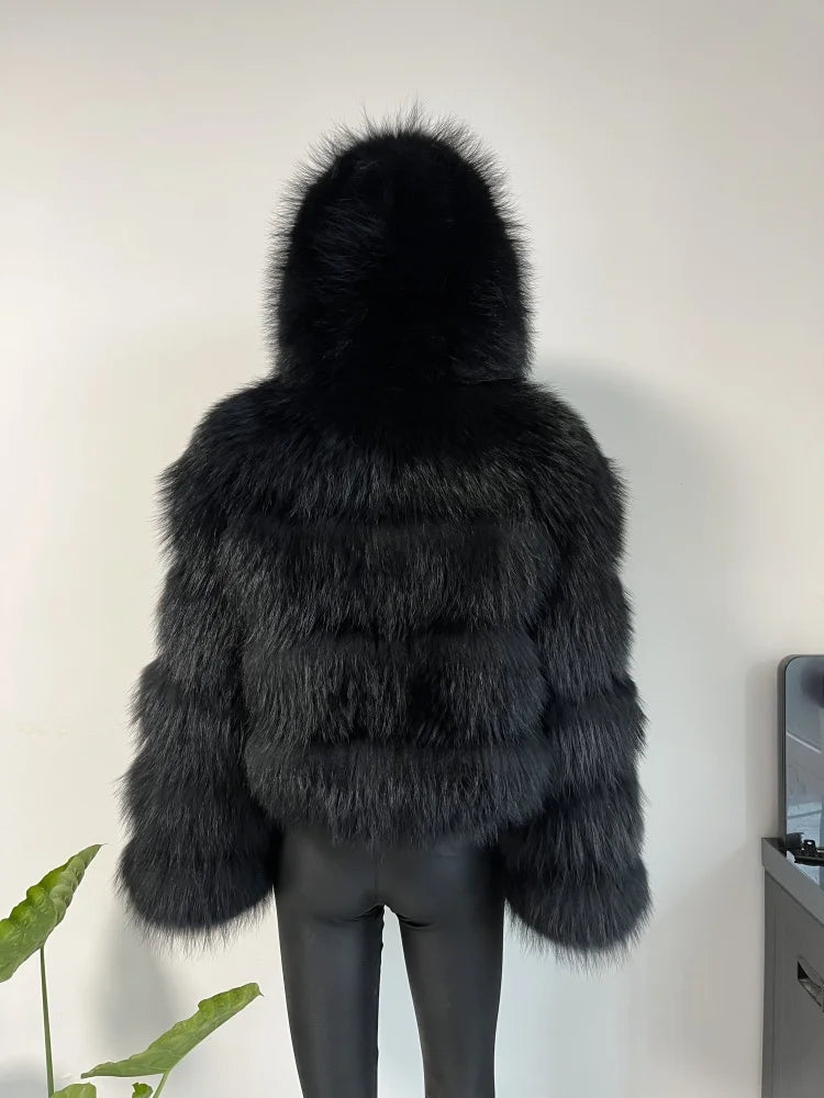Women's Hooded Raccoon Fur Coat, Turn-Down Collar