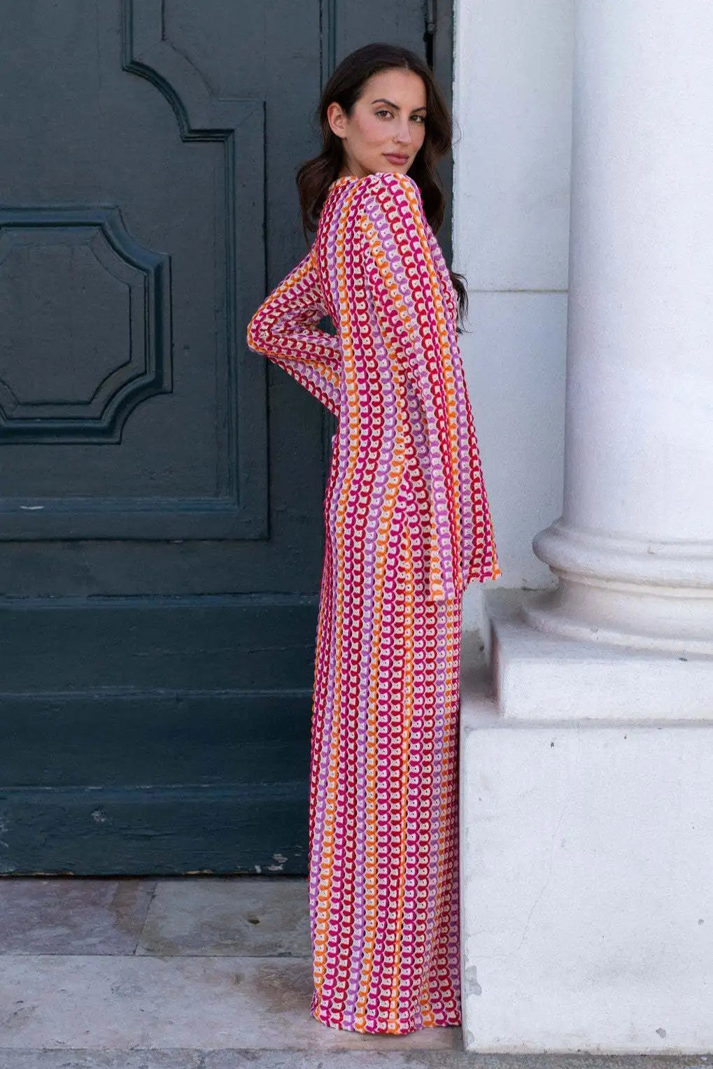 Crochet Colorful Stripe Flare Sleeve Maxi Dress Women V-neck High Split Sexy Lace Long Dresses 2026 New Beach Banquet Vestidos