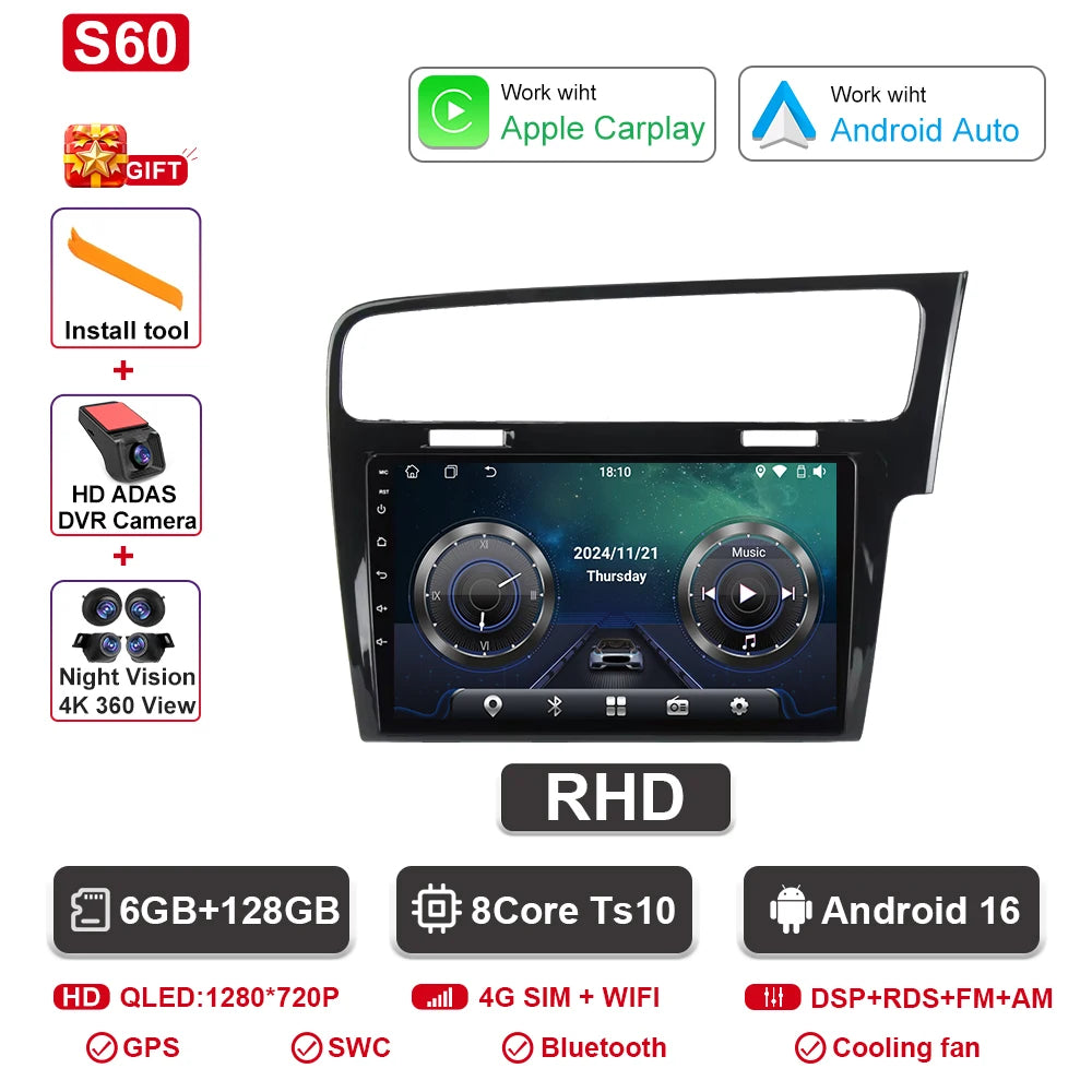 Android Car Stereo for VW Golf 7 MK7 GTI (2012–2021, RHD) — CarPlay, Android Auto, GPS, 2-DIN