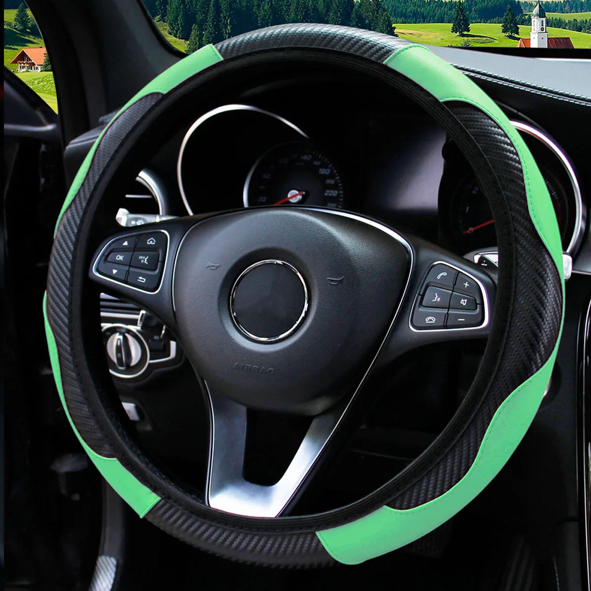 Carbon Fiber PU Leather Steering Wheel Cover – Universal Fit 14.5–15 Inch | Anti-Slip Car Interior Accessory